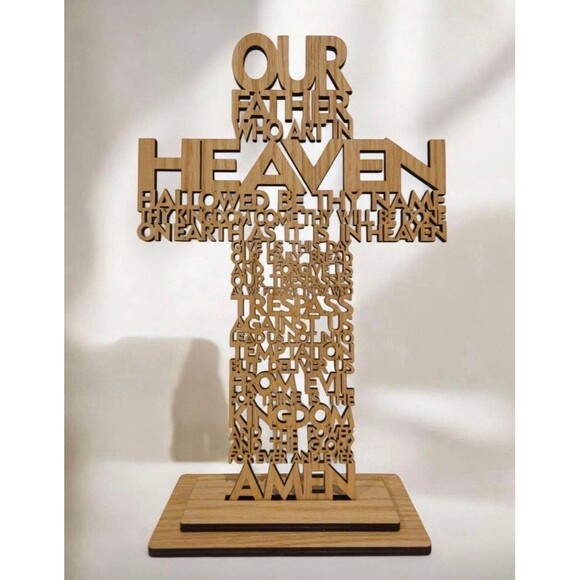 Handcrafted Lord's Prayer Wooden Cross 12"x7" Removable Base Stand or Hang - Picture 1 of 2